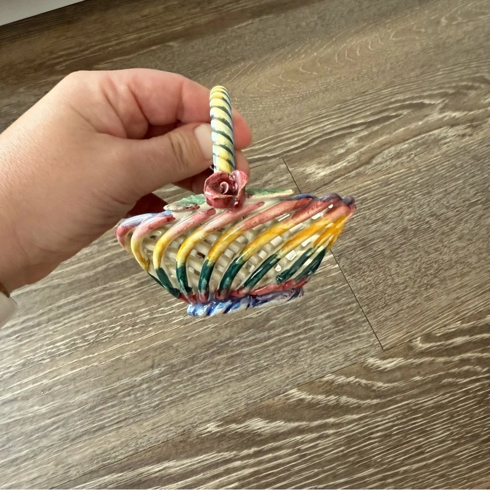 VINTAGE Handmade Multicolor Porcelain Ceramic Woven Basket Mini Made in Spain